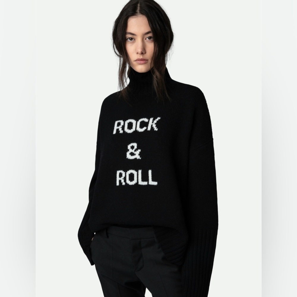 Zadig & Voltaire Black Turtleneck Sweater with White 'Rock & Roll' Graphic